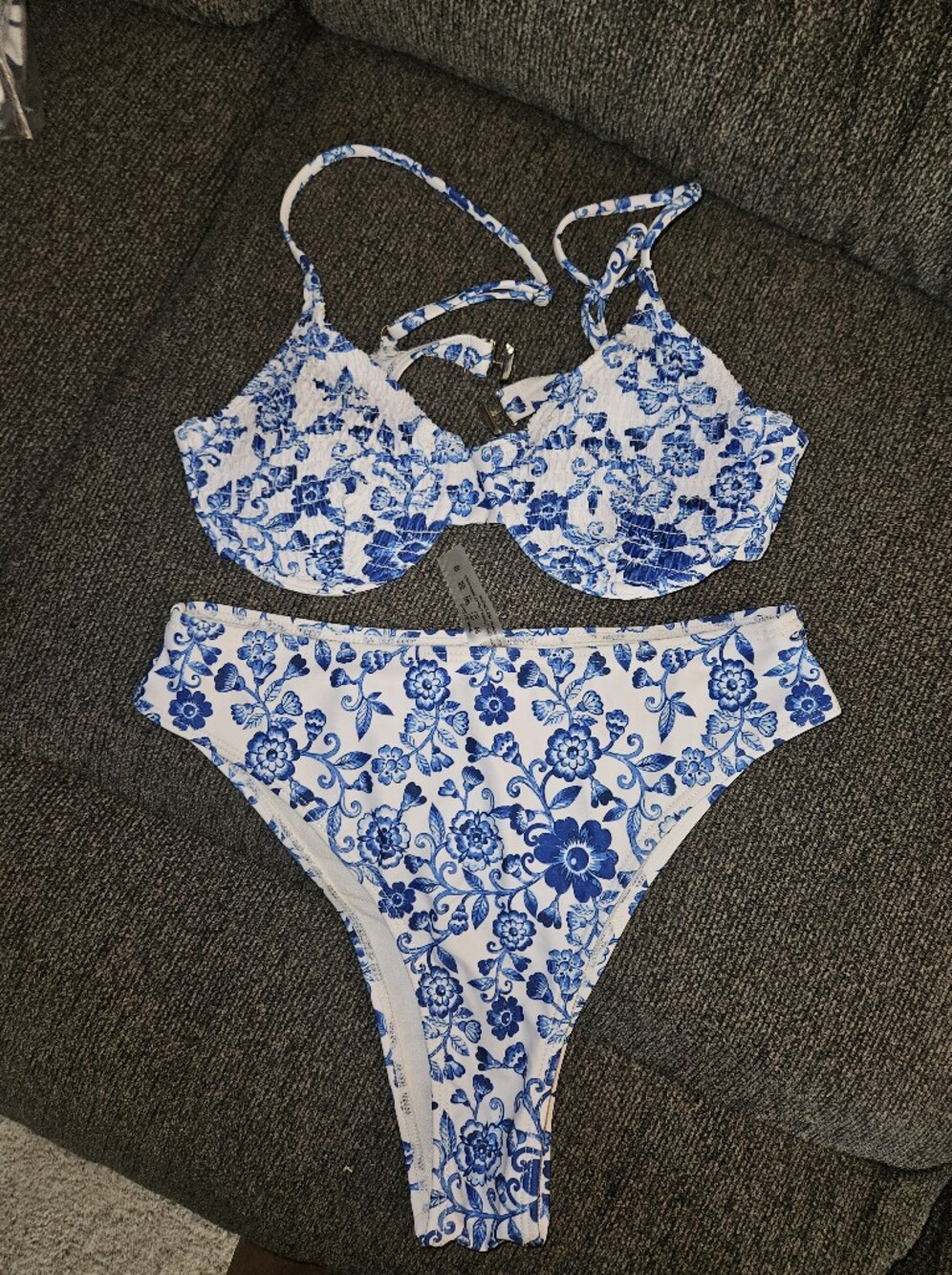 Amazon Women's White and Blue Floral Bikini Set